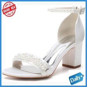 Satin Block Heel Sandals with Pearl Ankle Strap for Wedding Bridal